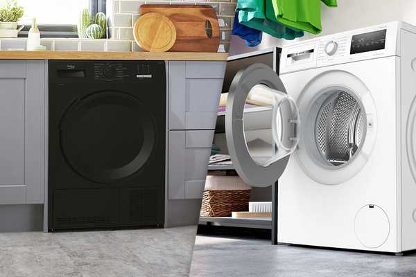 Bosch WAN28282GB 8KG 1400 spin washing machine and Beko DTLCE70051B 7KG Condenser Tumble Dryer in a split image.